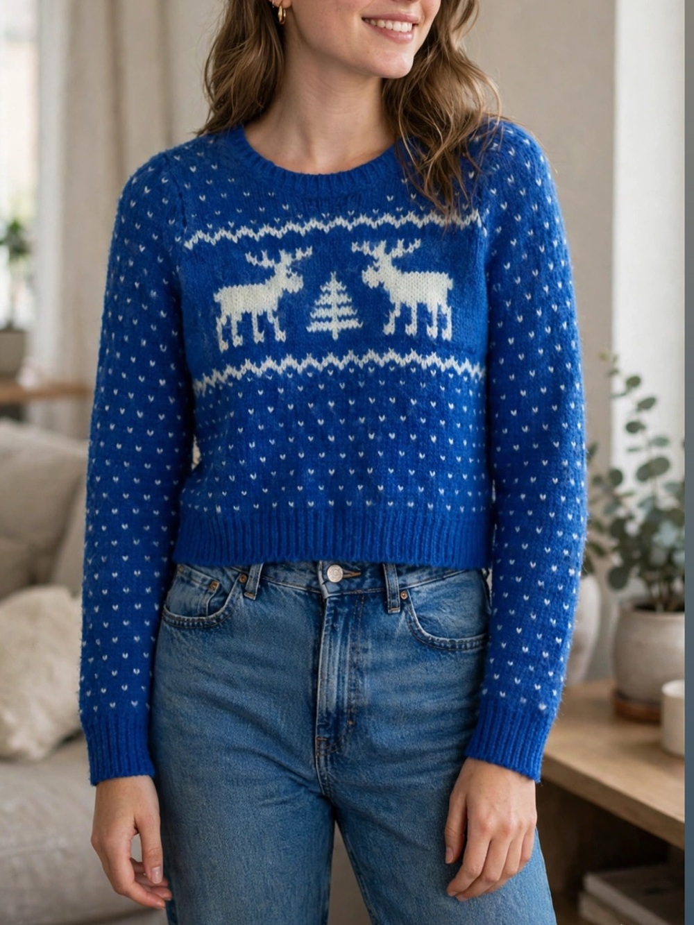 Abercrombie & Fitch Royal Blue Fair Isle Moose Crewneck Sweater Size S